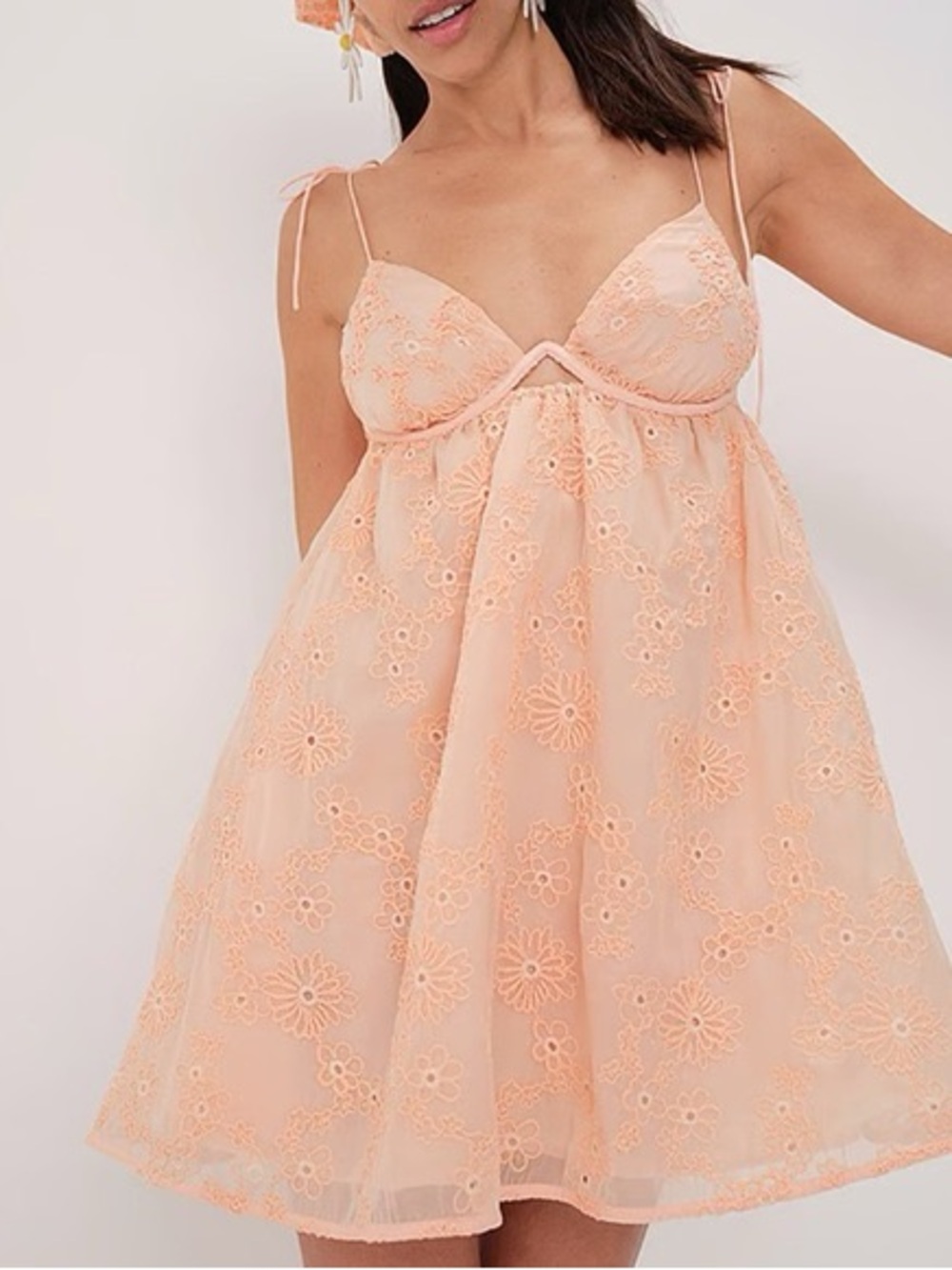 For Love & Lemons Peach Eyelet Babydoll Mini Dress - Picture 1 of 6